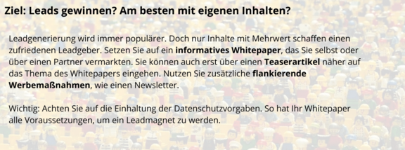 Ziel: Leads gewinnen - mit eigenen Inhalten Ziel: Leads gewinnen - mit eigenen Inhalten